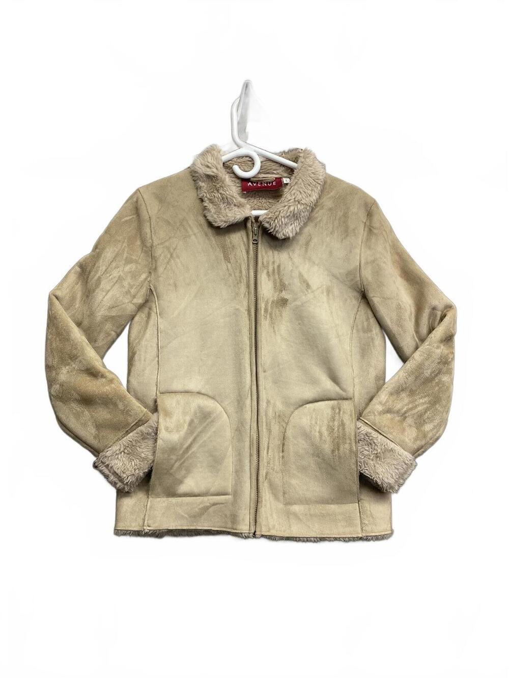 Avenue Women's Beige Faux Suede Shearling Zip-Up Jacket Soft Size Small 8-10